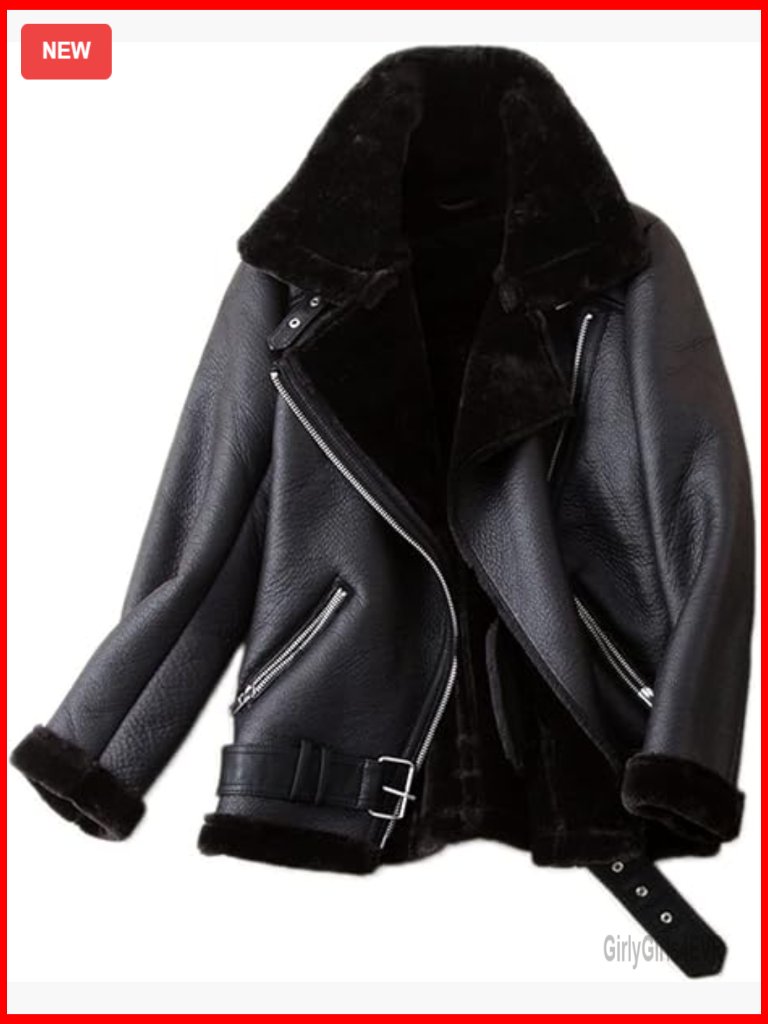 Women's Faux Shearling Moto Jacket Winter Coat Lined Parka Leather Style